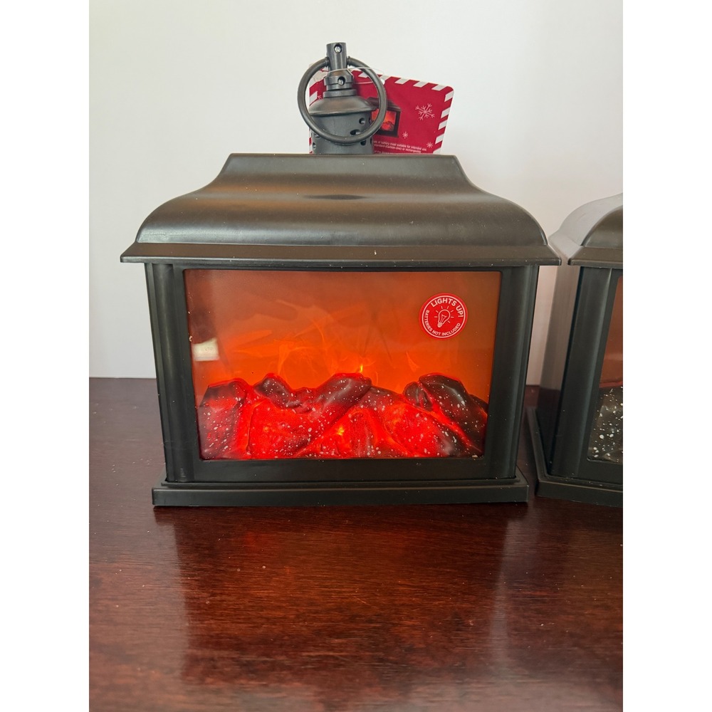 Greenbrier International LED Fireplace Lantern Set of 2 Black Flickering Flame - Picture 2 of 5